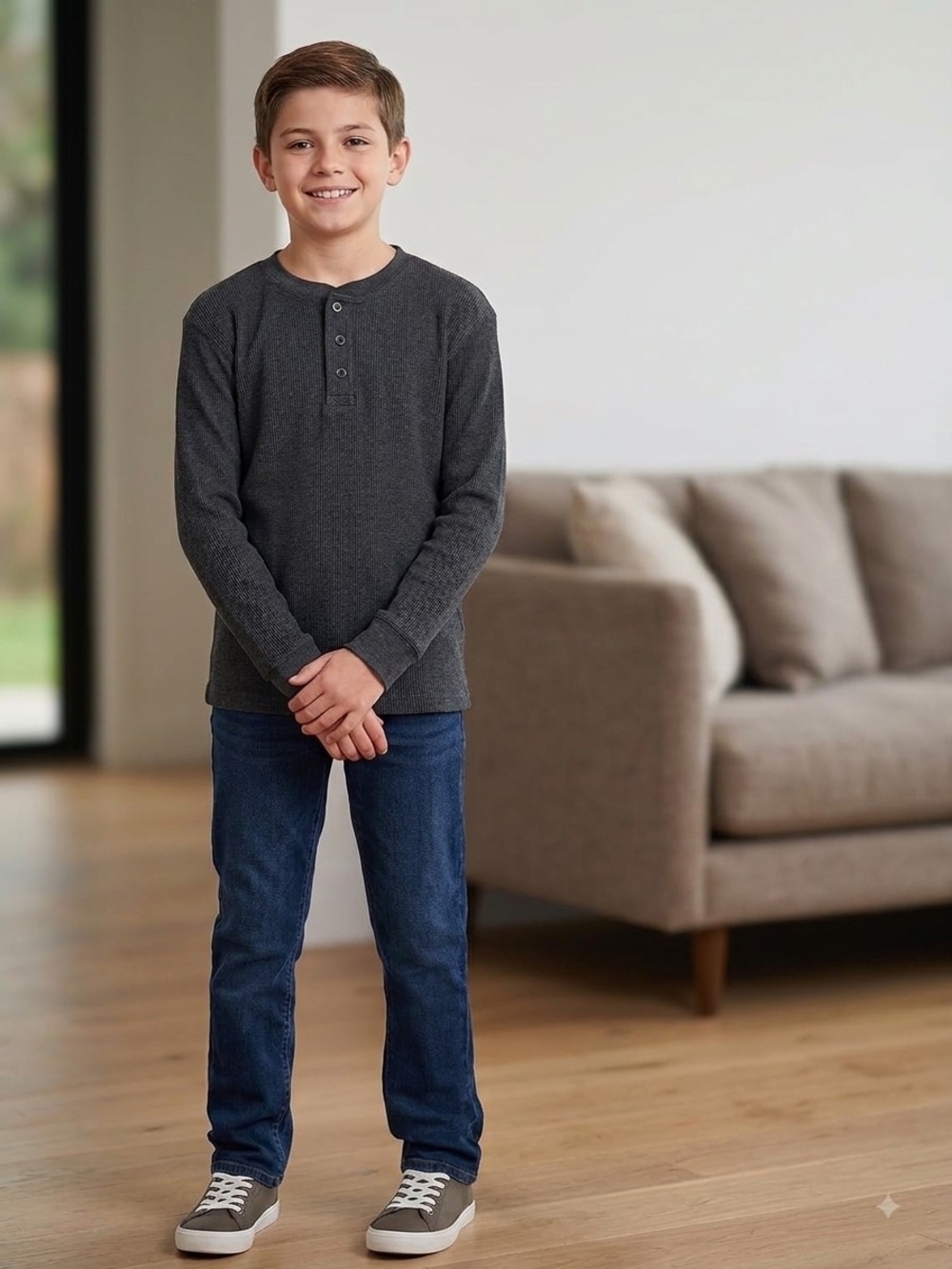 Essentials Boys Charcoal Gray Long-Sleeve Henley.     Size  M 10/12        KS 31